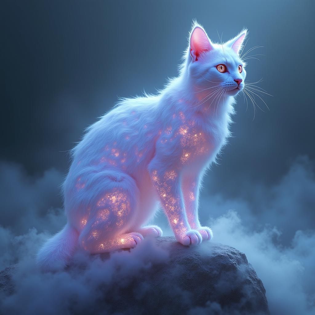 Ethereal Crystal Cat on Iridescent Mist