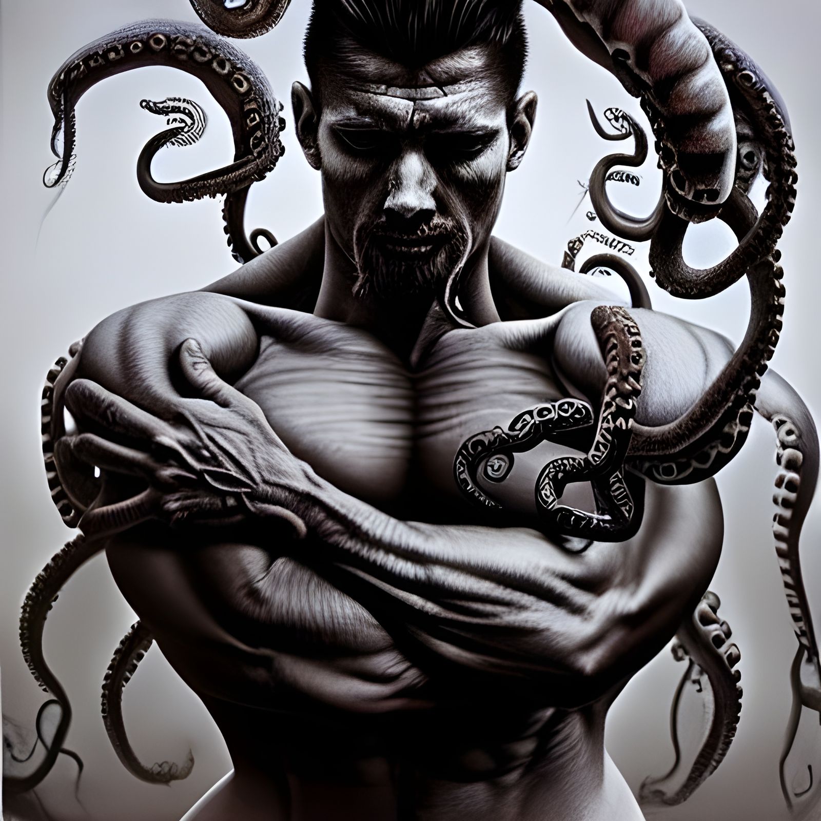 Heroic Man Entwined with Octopus in Hyperrealism Style