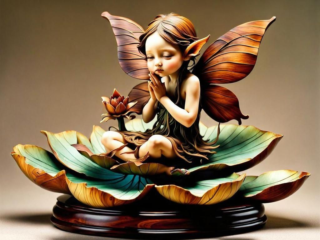 Rosewood Burl Carving: Fairy Emerges from Lotus