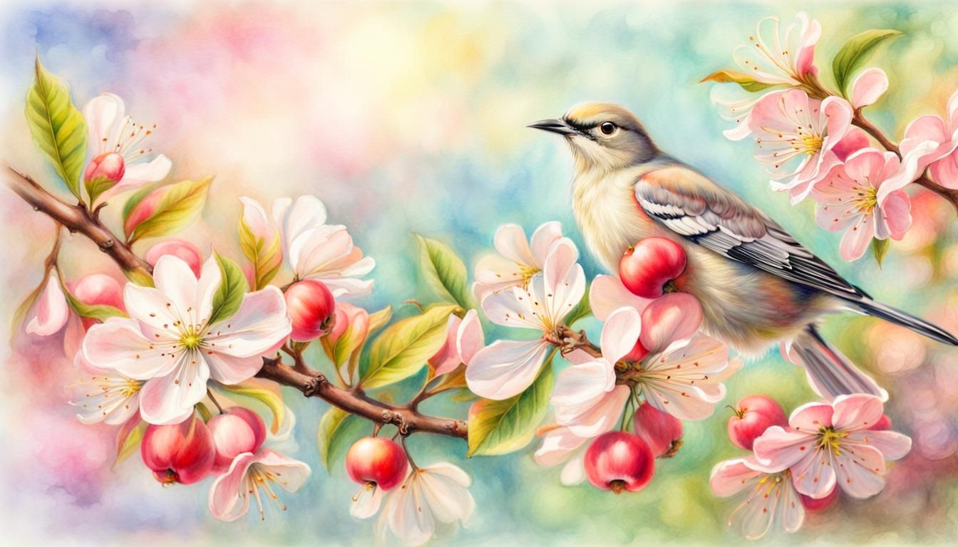Crab Apple Blossoms and Bird in Pastel Watercolor