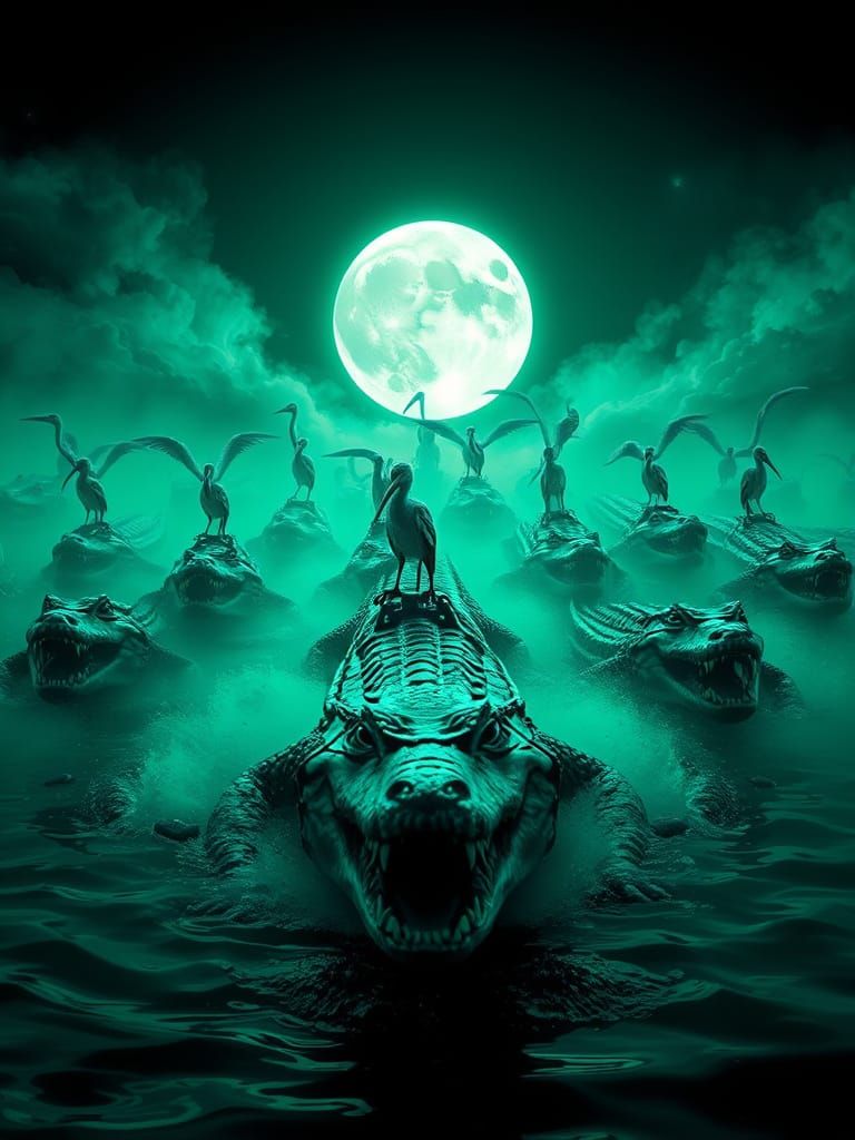 Crocodile Riders Under Moonlight: A Futuristic Vision
