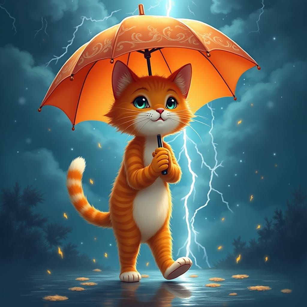 Vibrant Orange Cat Defies Lightning Storm with Colorful Umbr...