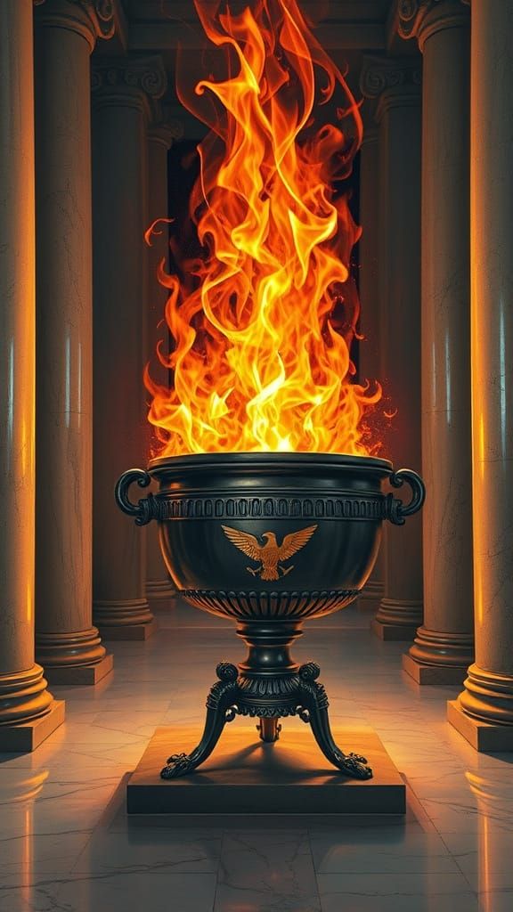 Fire Burning in a Large Sacrificial Metal Urn in a Temple th...