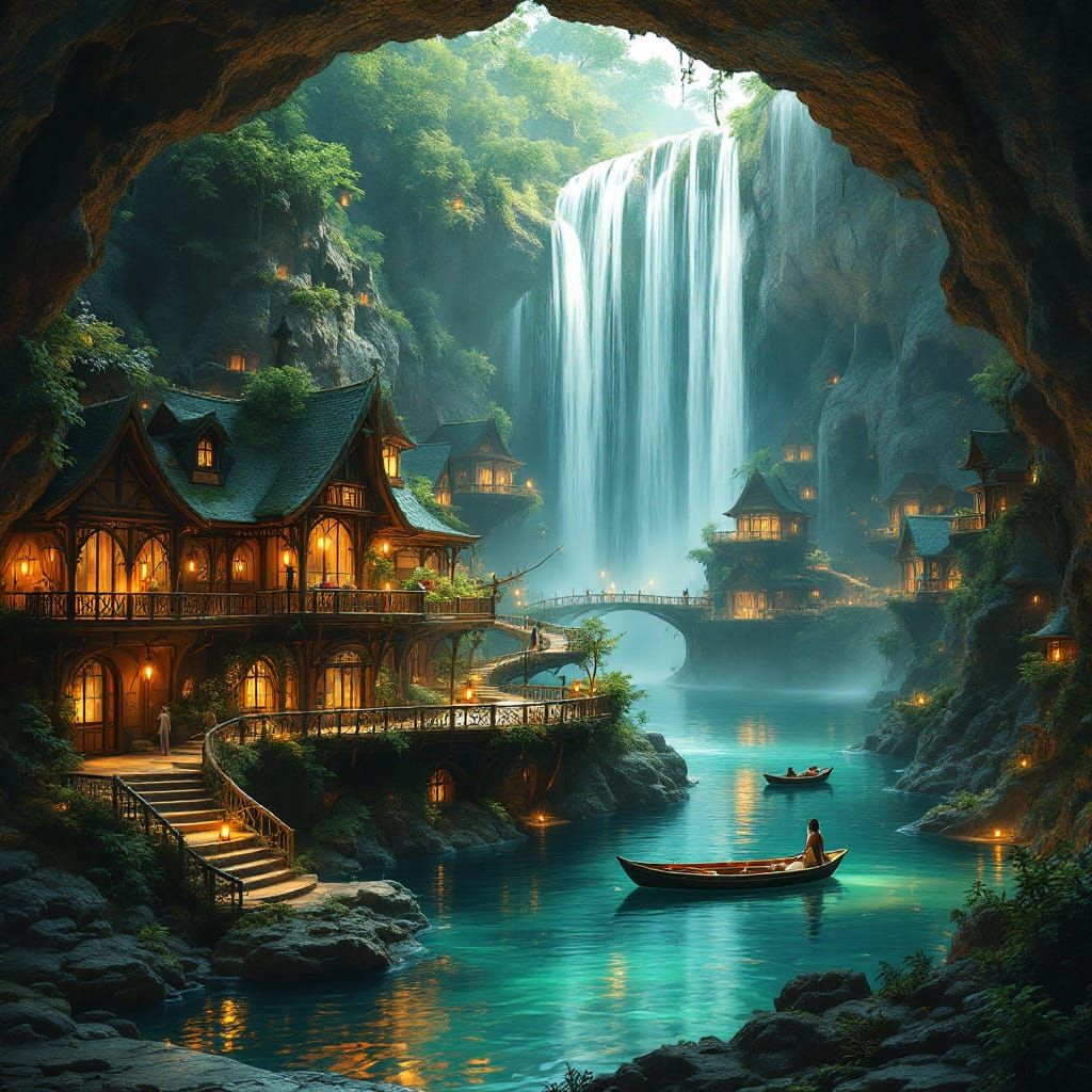 Elven Village of Silverfalls Beneath Waterfall, Art Nouveau ...