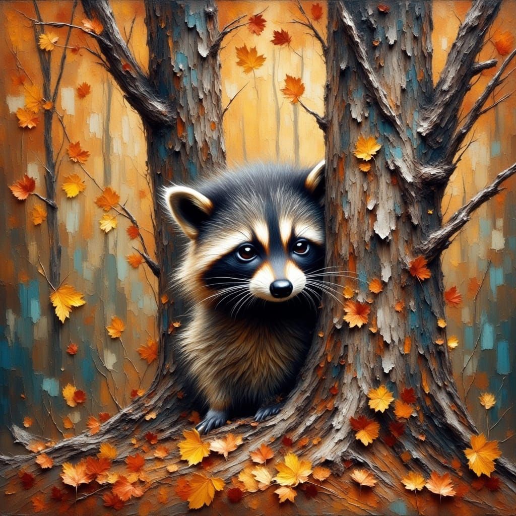 Whimsical Autumn Raccoon in Impasto Oil Painting