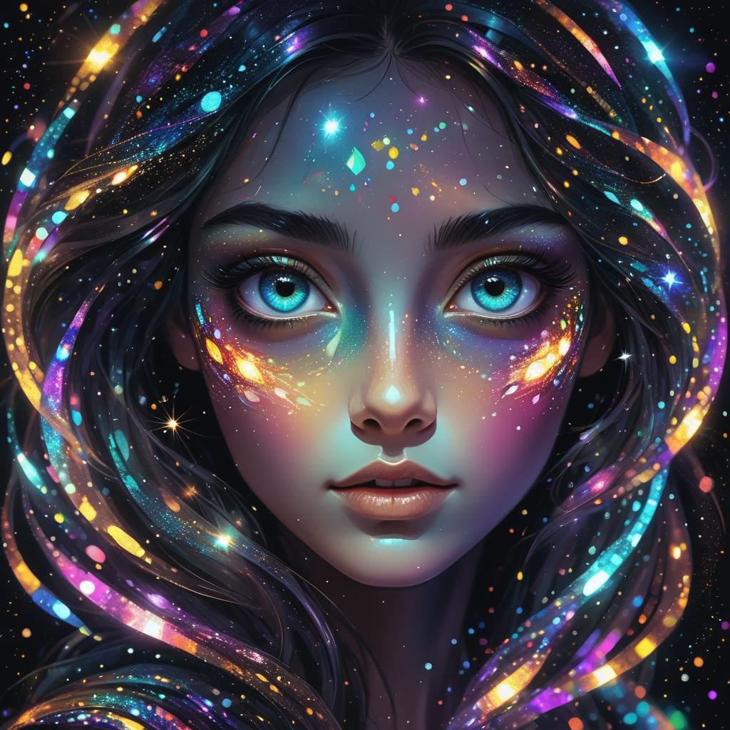 Expressive Woman with Holographic Eyes in Cosmic Darkness