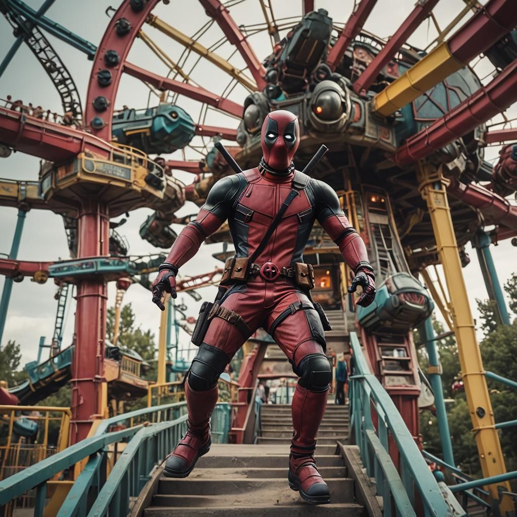 Deadpool at an Amusement Park: Cinematic Film Still