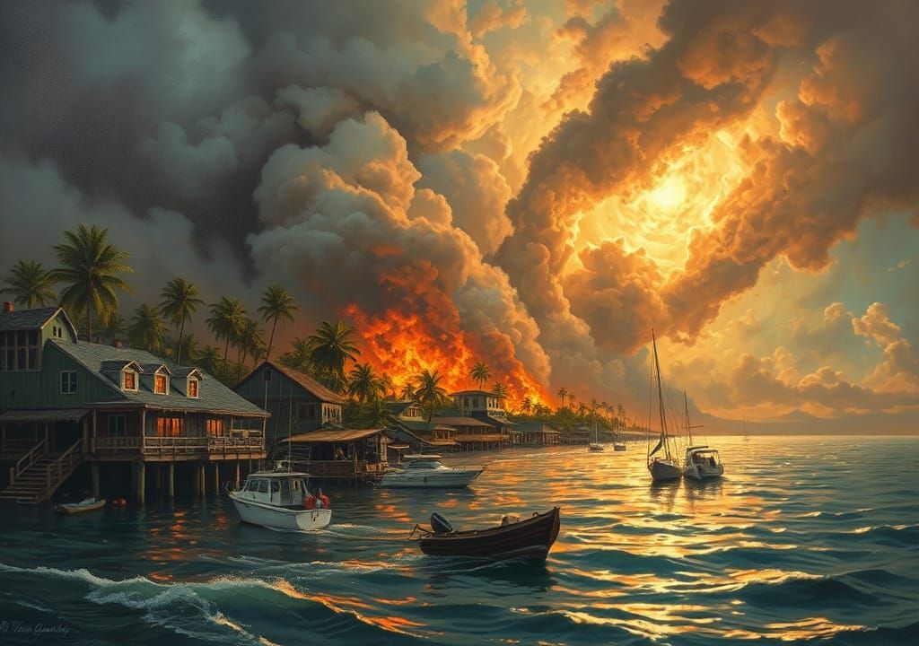 Tropical Fishing Town Reels from Storm, Oil Painting