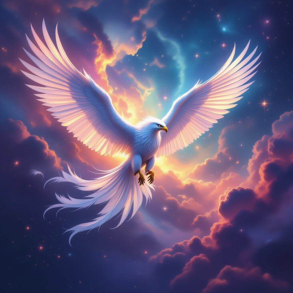 Iridescent Griffin Soaring Through Nebula Sky