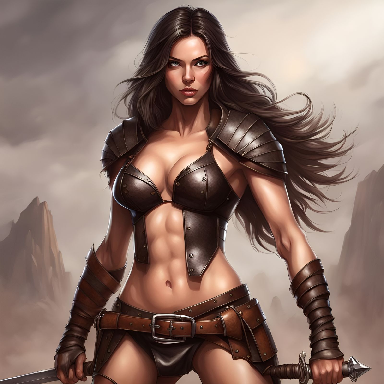 Brunette Warrior with Sword in Realistic Style