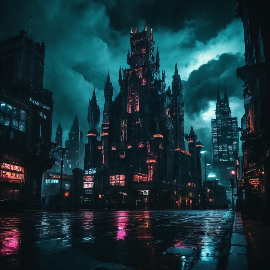 Cyberpunk Skyscraper Castle with Gargoyles in Film Noir