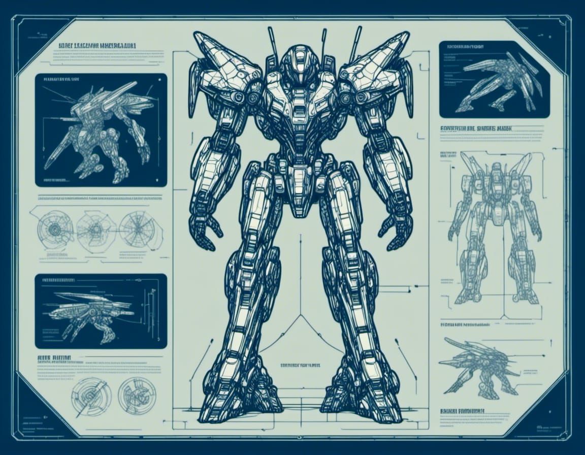 Sleek Mecha Line Art Diagram with Organic Curves