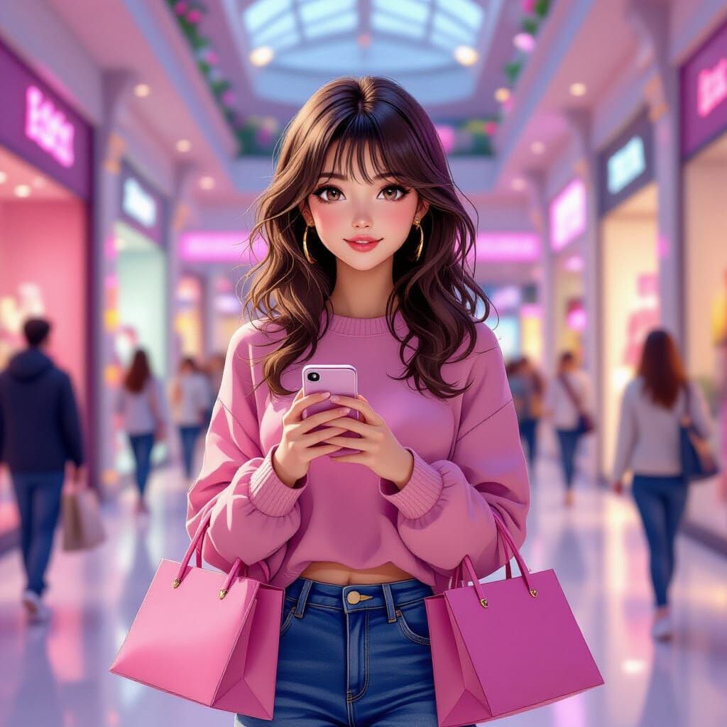 Anime Girl Shopping in Pink Mall, Dynamic Lighting