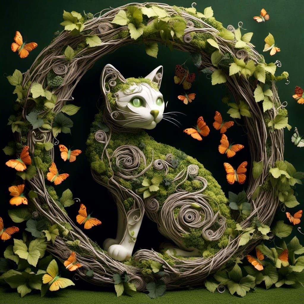 A cat made of vines, leaves, stone, earth, in s flower garden with butterflies <lora:Terra:1.0>