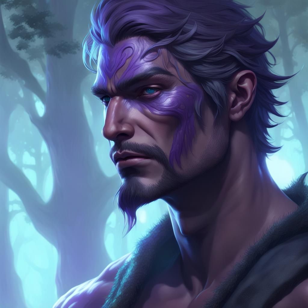 Handsome Warlock in Bioluminescent Forest, Detailed Portrait