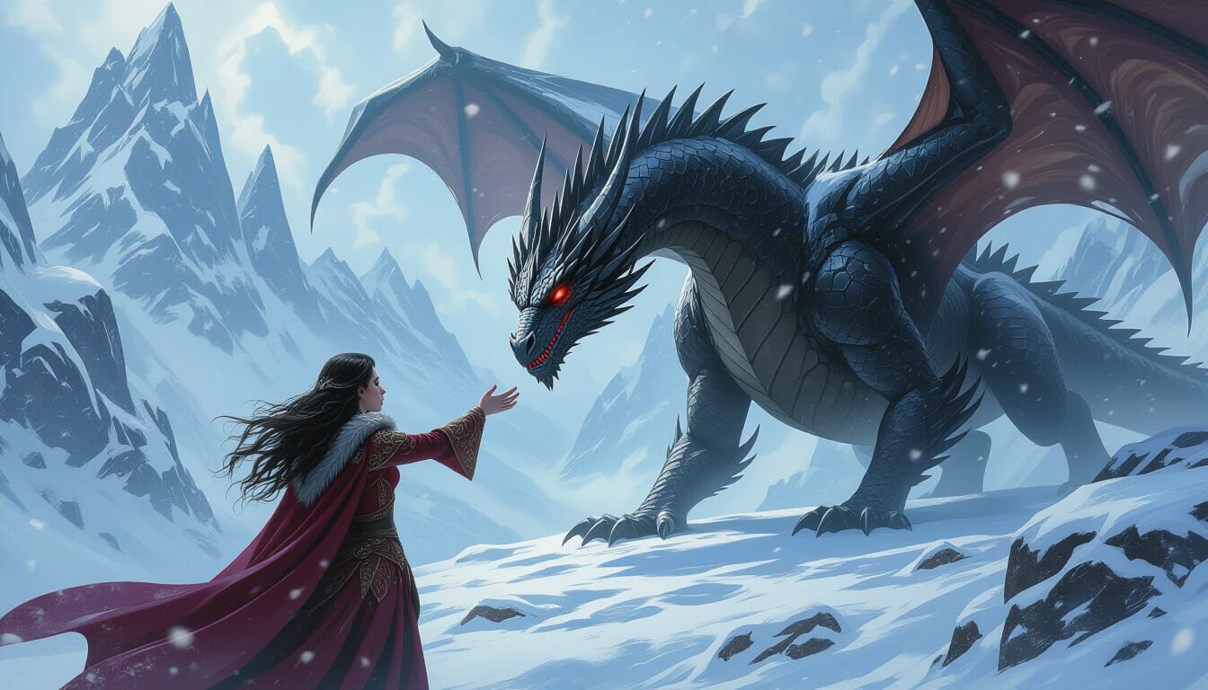 Gothic Fantasy: Woman Reaches Dragon in Blizzard