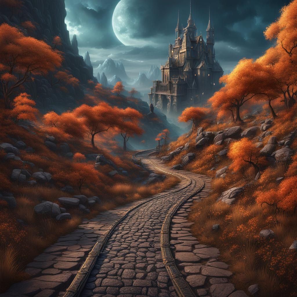 Fantastical Long Road in Deep Color, Detailed Matte Painting