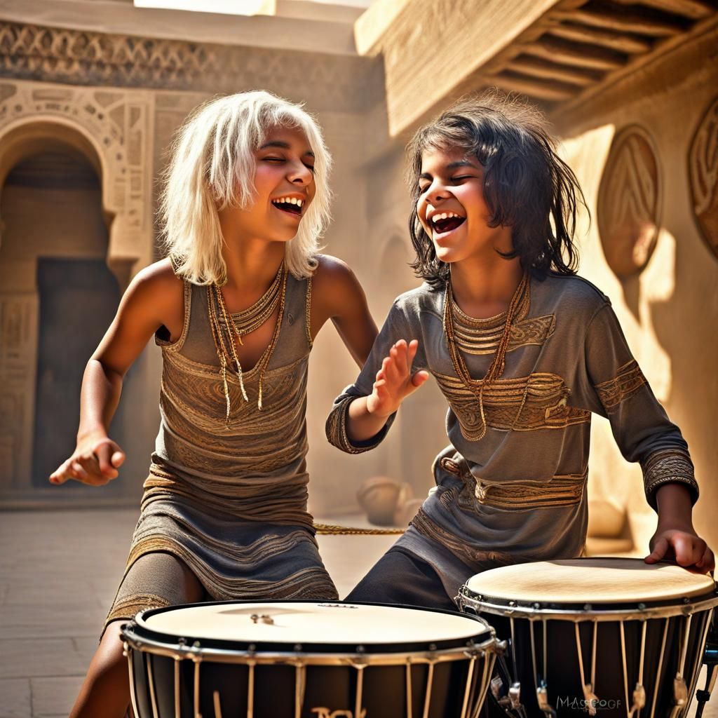 Teen Drummer's Joyful Dance in Egyptian Courtyard
