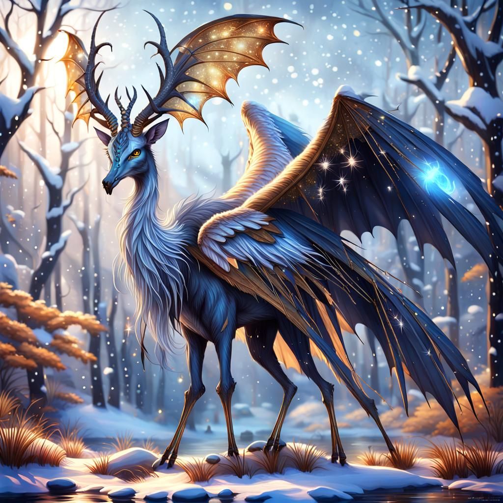 Hybrid Heron-Stag Creature in Snowy Scene