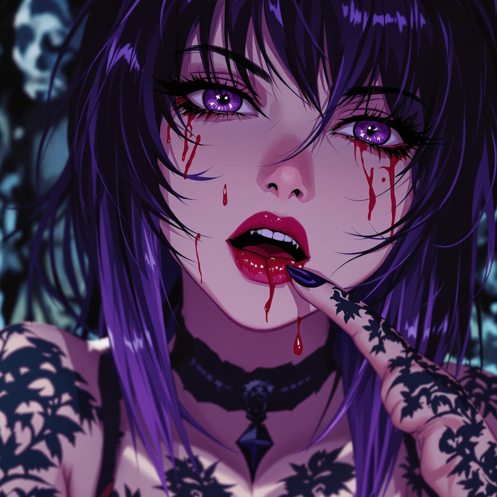 Close up shot of anime vampire 
 emo goth girl purple hair, ...
