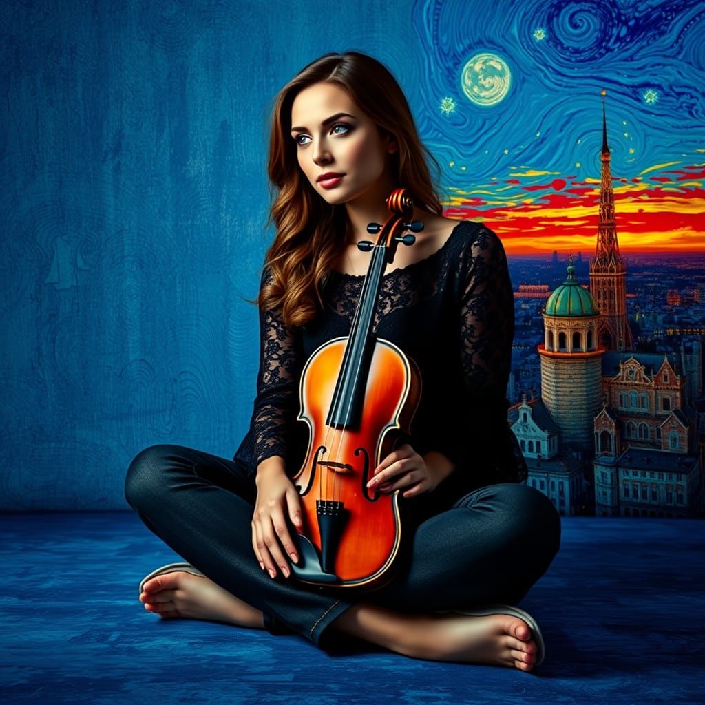 Hyperrealistic Portrait of a Woman with Violin in a Vibrant ...