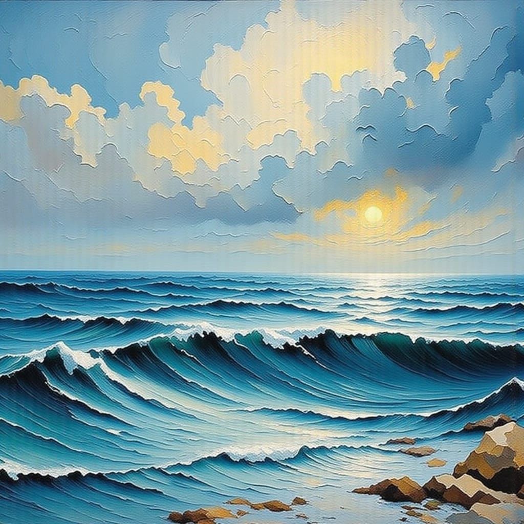 Stormy Impasto Seascape with Crashing Waves