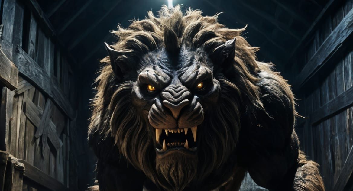 Manticore Hiding in Barn: Impasto Oil Painting