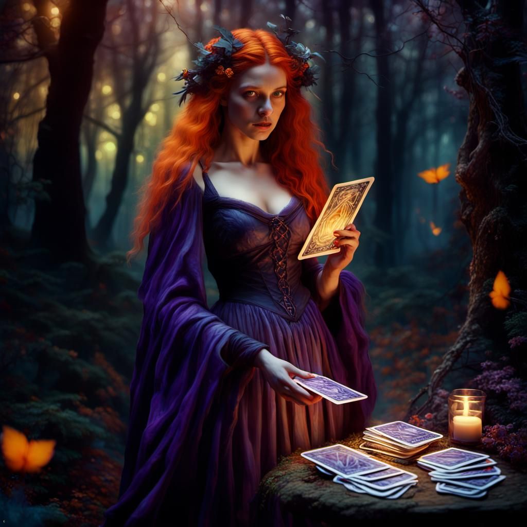 Mystical Witch Tarot Reading in Pre-Raphaelite Style