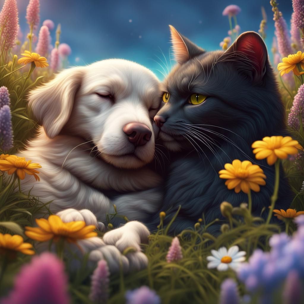 Dog and Cat Nap in Flower Field