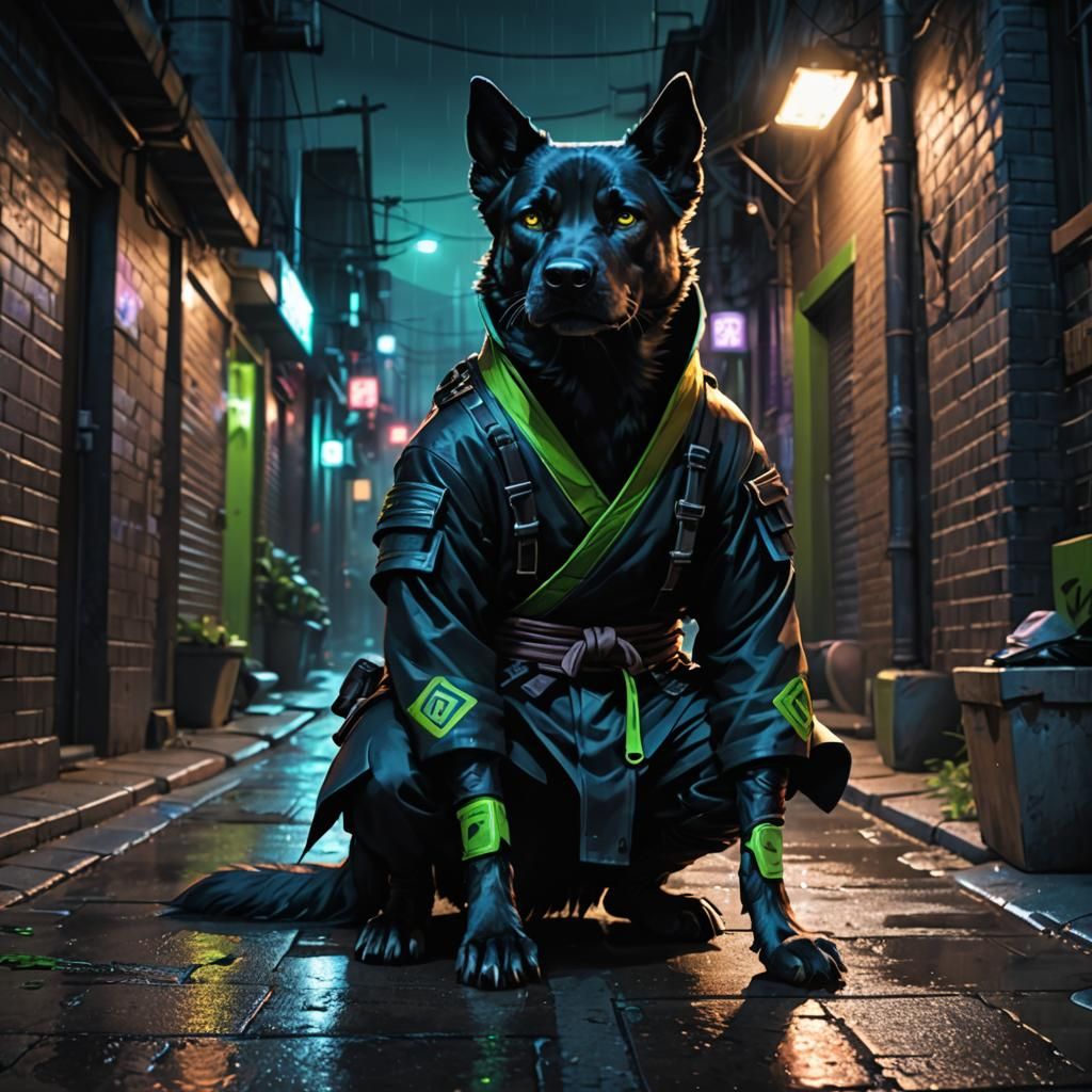 Ninja Dog Man in Moody Cityscape
