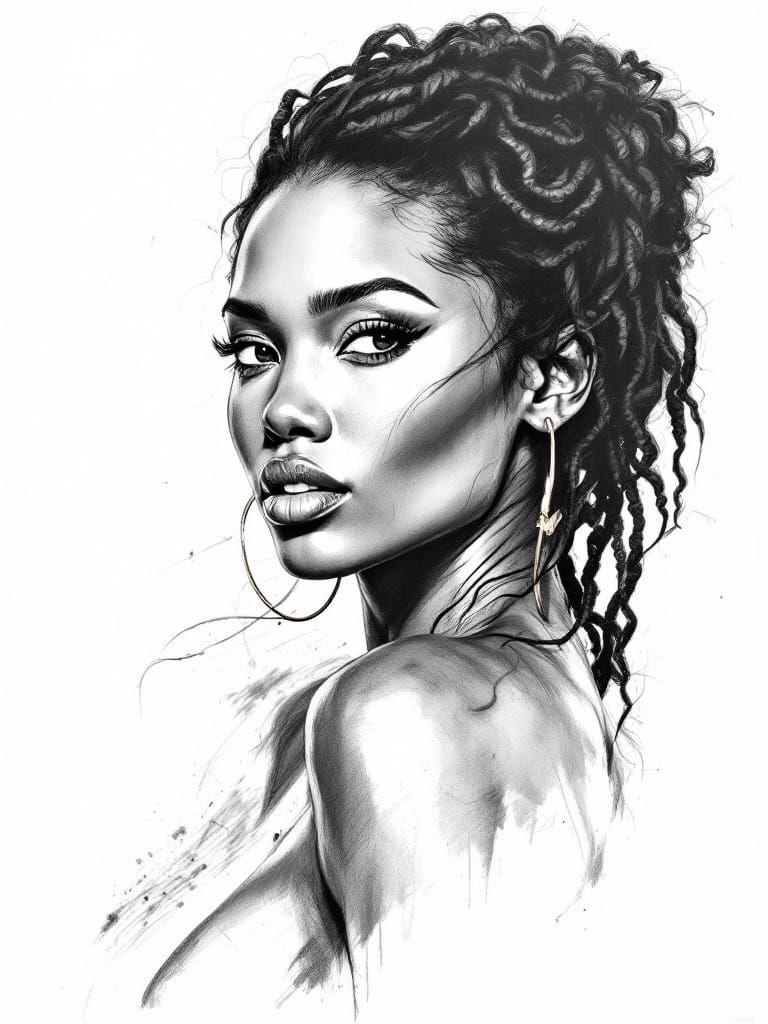 Hyperrealistic Charcoal Portrait of a Curvy Black Woman in P...