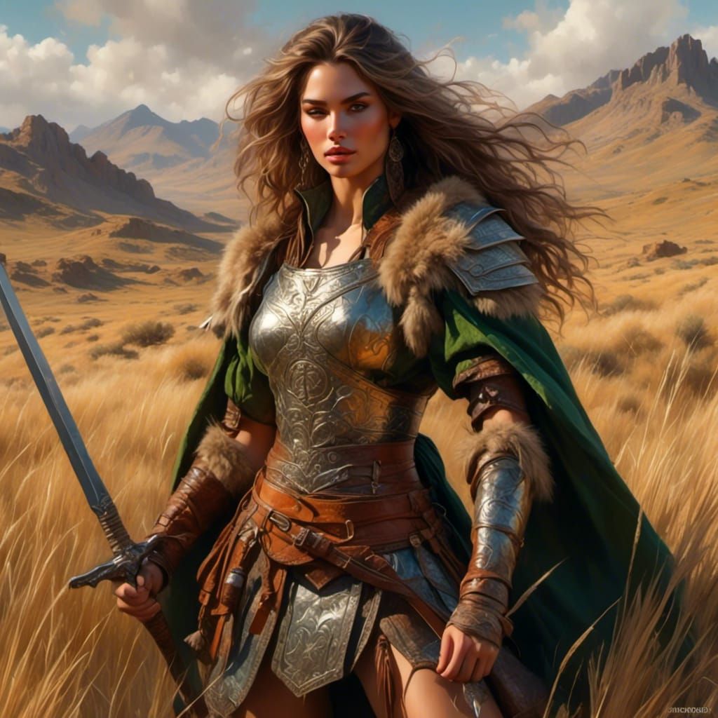 Fierce Japanese Warrior Woman in Color Sketch Style