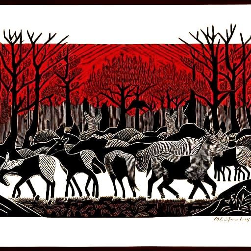 Vibrant Wood-Cut Indigenous Forest Scene with Wildlife