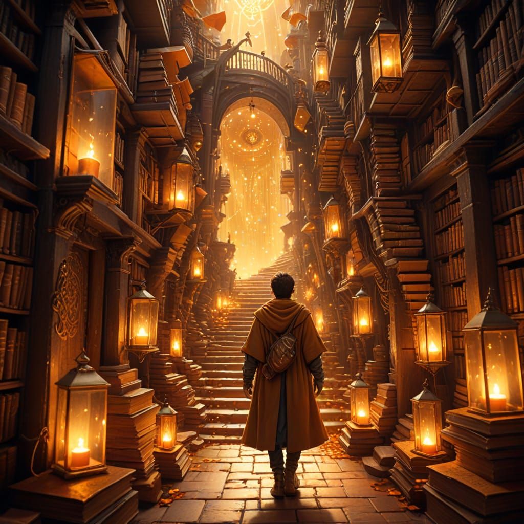 Traveler in Labyrinth of Floating Books, Fantasy Art