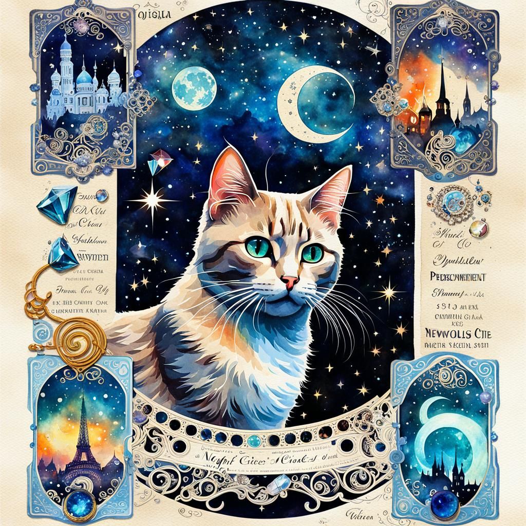 Whimsical Cosmic Cat Watercolor Collage Art