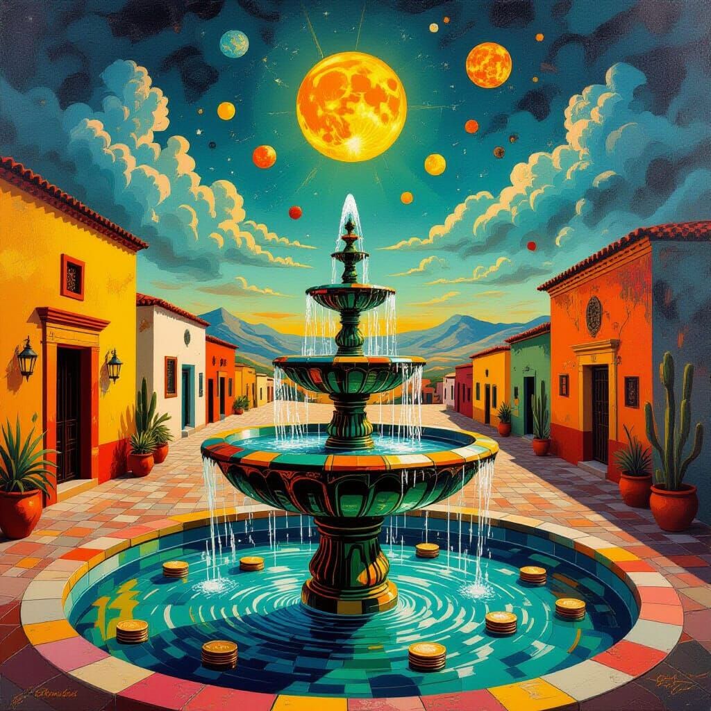 Neon Fountain with Floating Coins: Surreal Mexican Art
