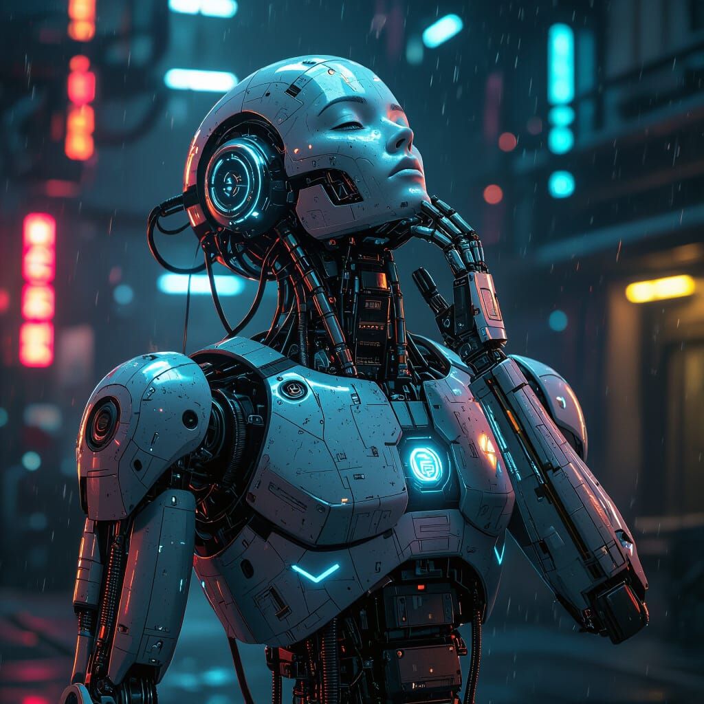 Cyberpunk Robot with Whiplash in Industrial Setting