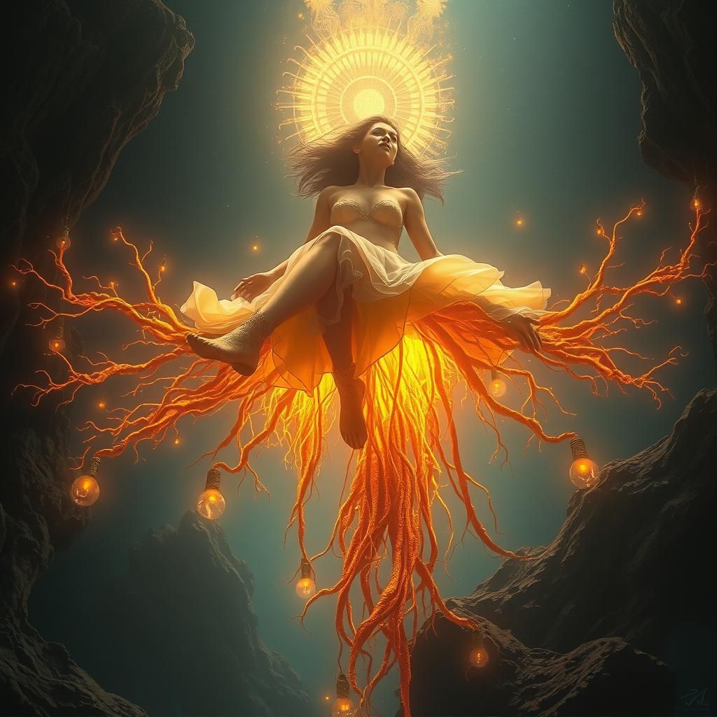 Ethereal Woman with Roots in Dreamlike Landscape