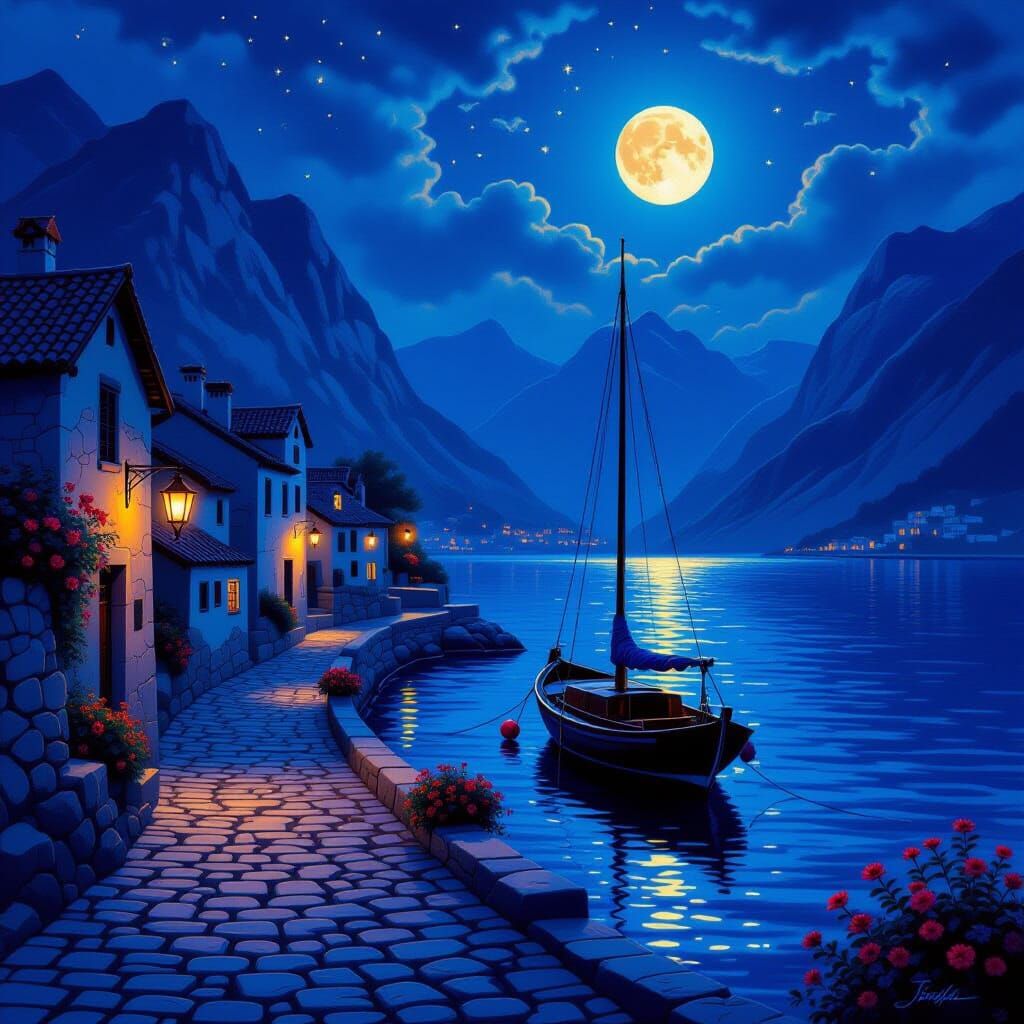 Enchanting Village by Silver Sea Under Luminous Moon