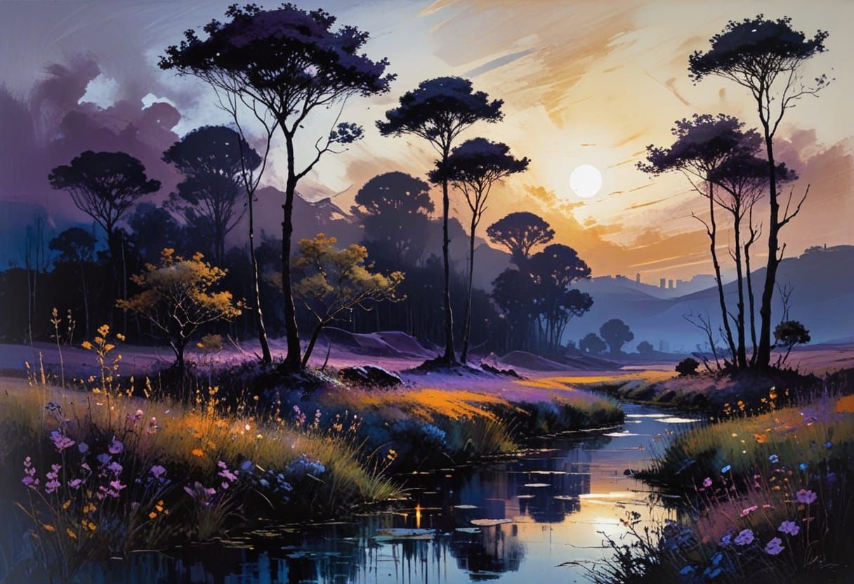 Blue and Violet Night Landscape, Abstract Impressionism