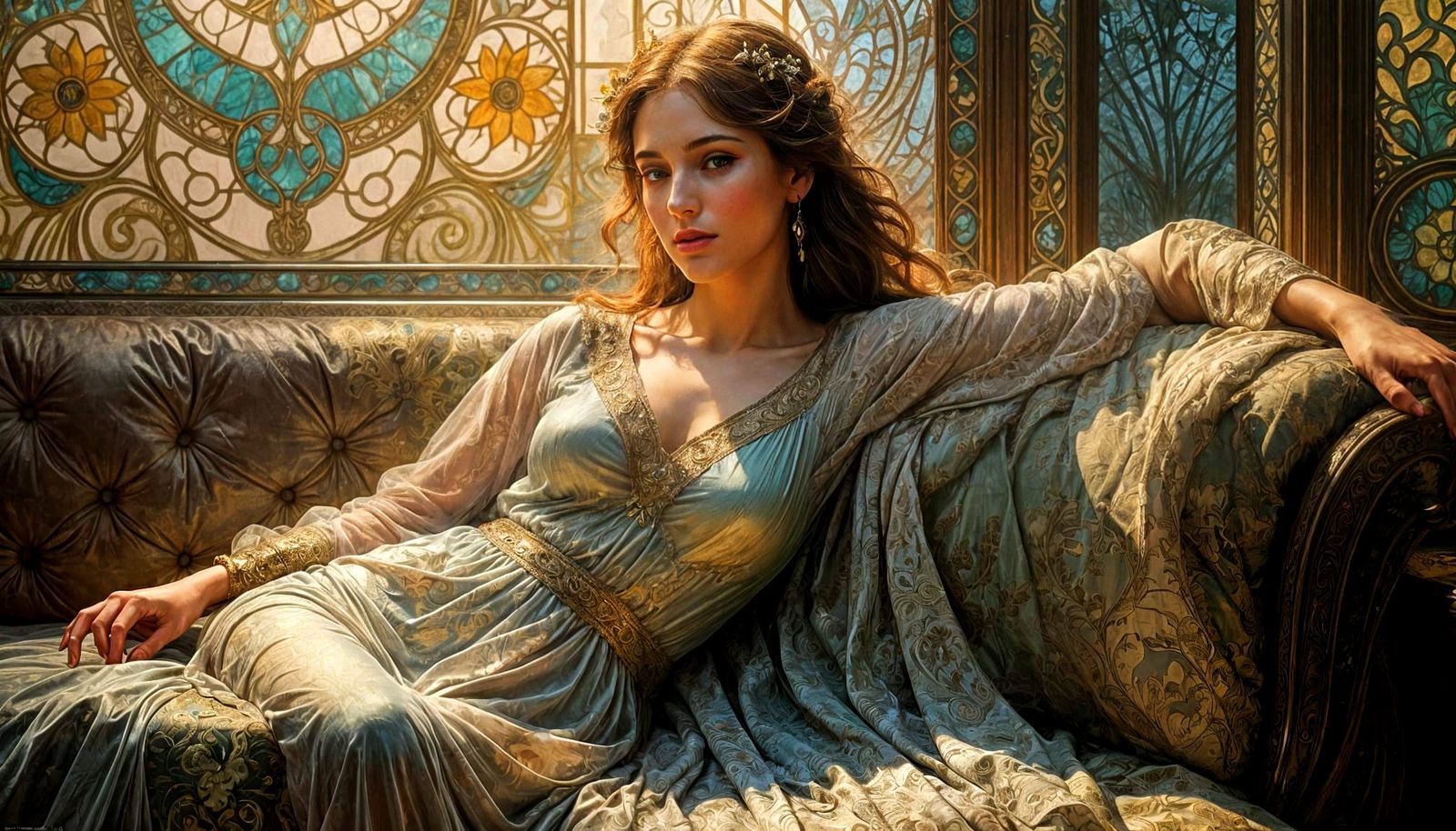 Beautiful Woman in Semi-Transparent Nightgown on Divan