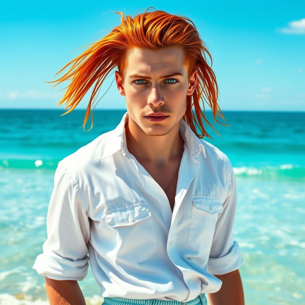 Vibrant Red-Haired Man Amidst Oceanic Serenity