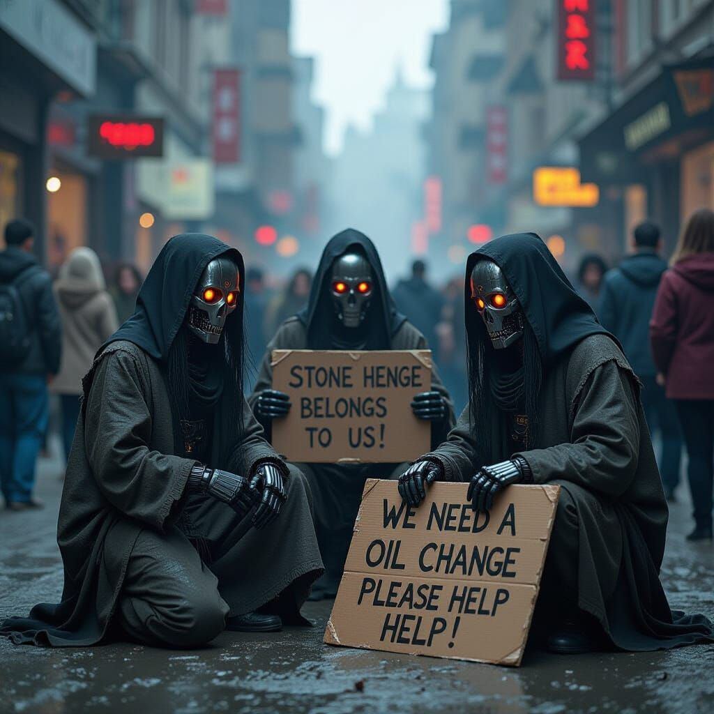 Cyberpunk Robots Begging for Stonehenge