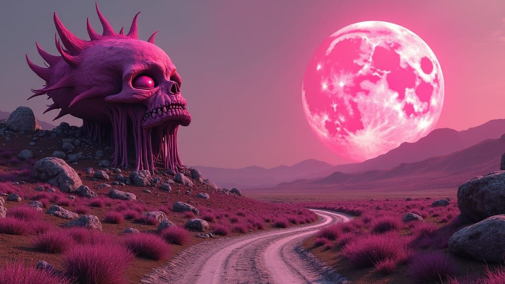 Pink Death Portrait in Bleak Landscape