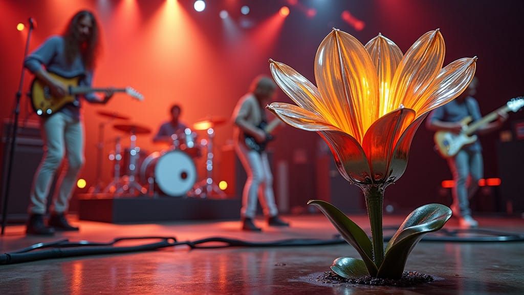 Gleaming Chrome Flower Blooms Amidst Energetic Rock Band