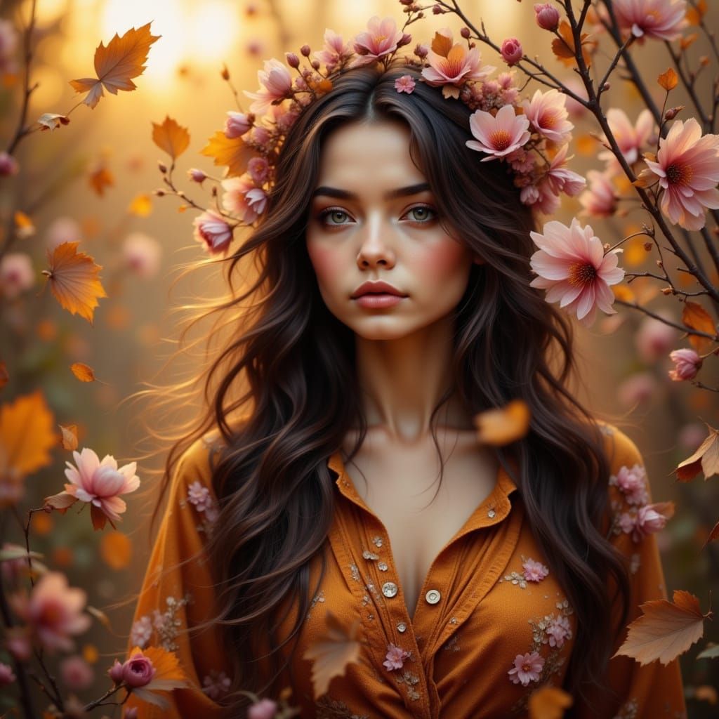 Autumn Woman in Dawn Landscape, Watercolor Style