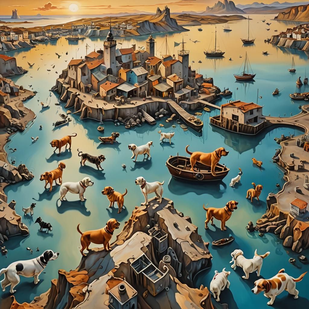 Surreal Dog Harbor at Sunset, Oil on Canvas