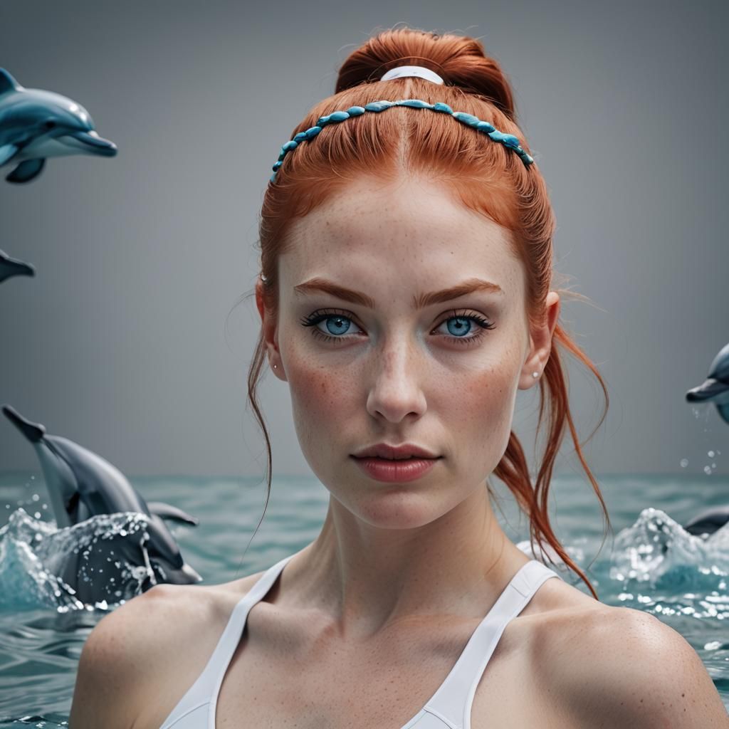Young Redhead Beauty Posing in Swimwear on a Gray Background