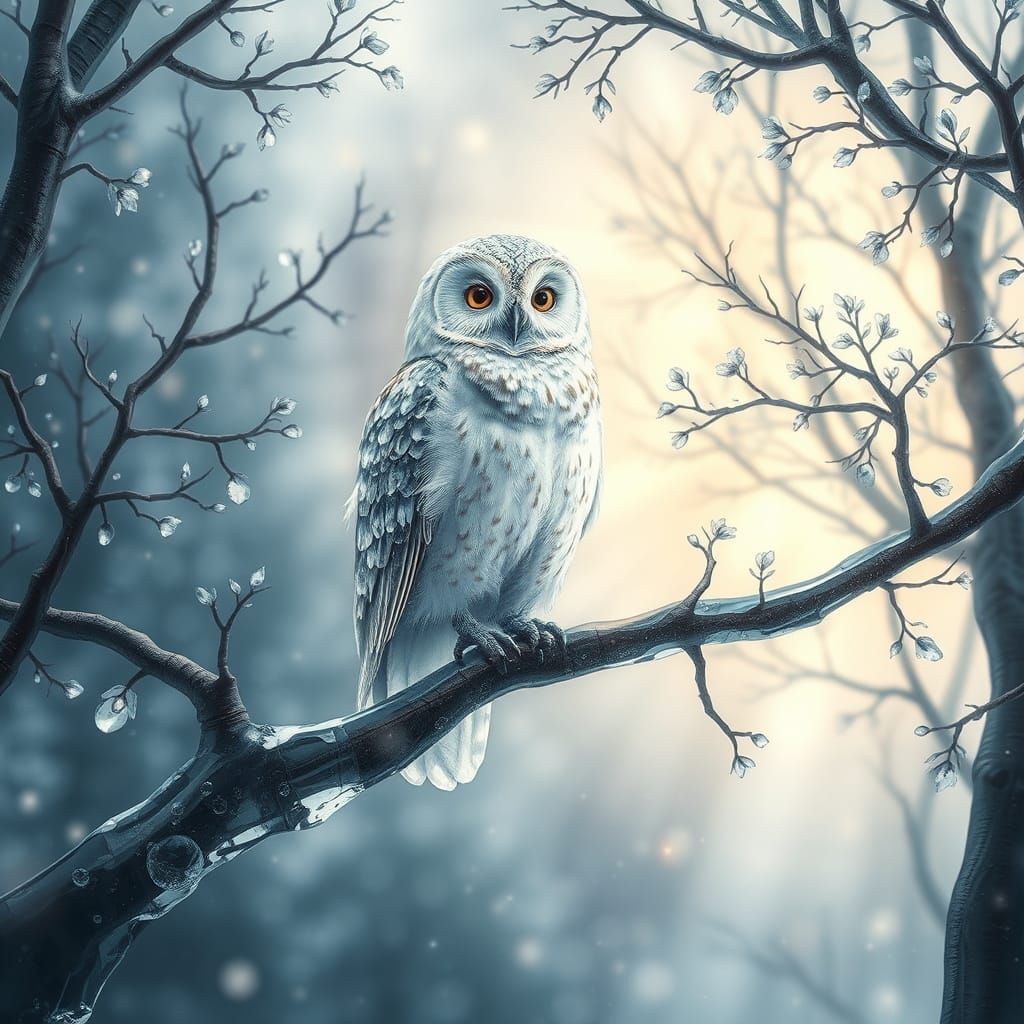 Epic Crystal Owl Amidst Glass Tree Forest
