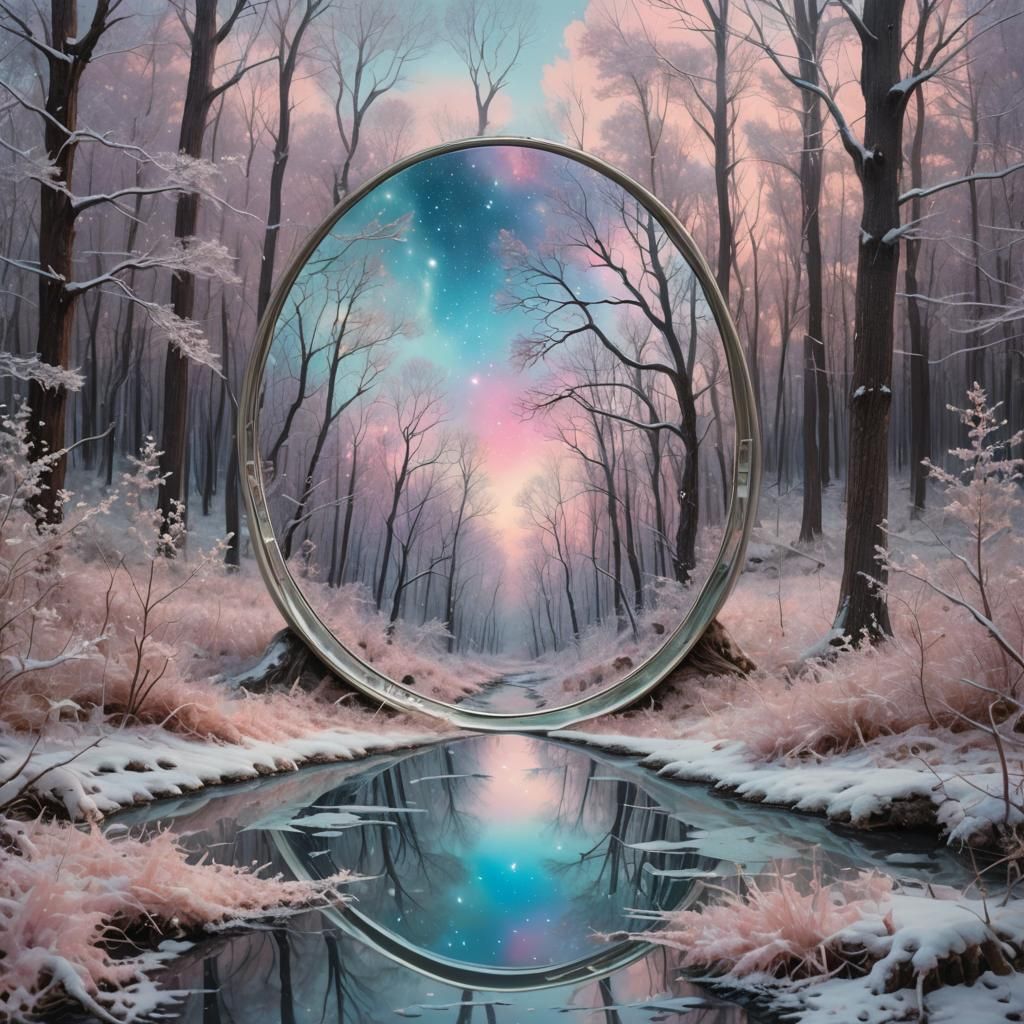 Surreal Galaxy Mirror in Winter Forest